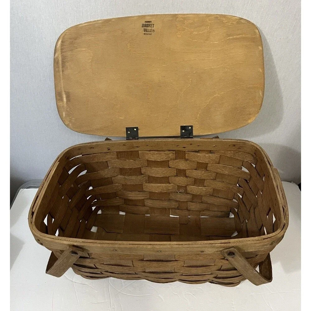 Vintage Basketville Putney Vermont Woven Wood Splint Picnic Basket With Lid